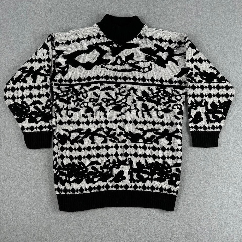 Vintage 80s Jonathan Cass Knit Sweater M Intarsia Black White Tribal Made in USA